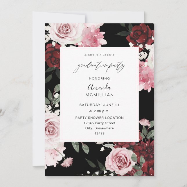 Burgundy & Blush Pink 6 Floral Graduation Party B  Invitation (Front)