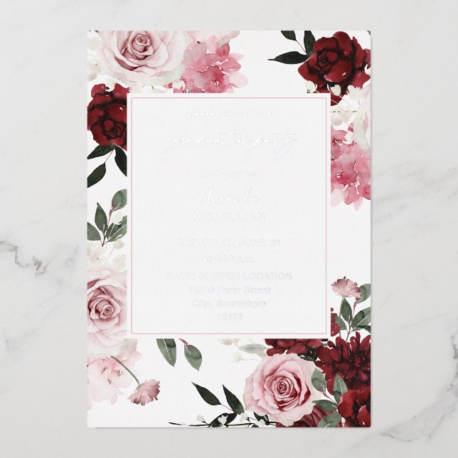 Burgundy & Blush Pink 6 Floral Graduation Party Foil Invitation (Front)