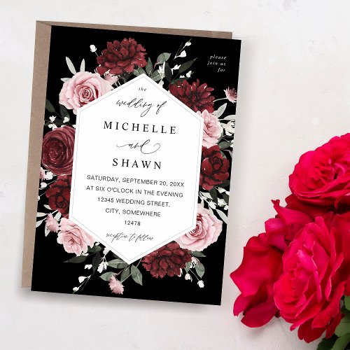 Burgundy  Blush Pink 6 Floral Wedding _ Black Invitation