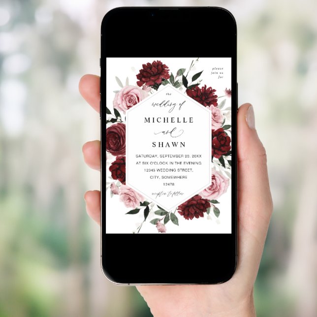 Burgundy & Blush Pink 6 Floral Wedding Invitation (Front Digital)