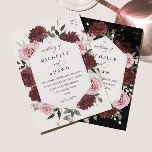 Burgundy  Blush Pink 6 Floral Wedding Invitation