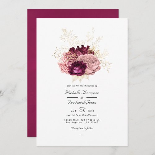 Burgundy Blush Pink and Gold QR Code RSVP Wedding Invitation