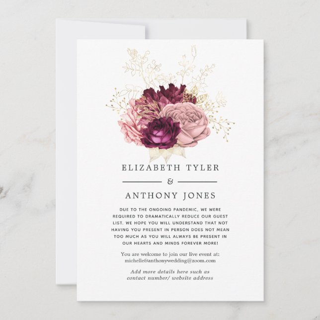 Burgundy, Blush Pink and Gold Reduced Guest List Announcement (Front)