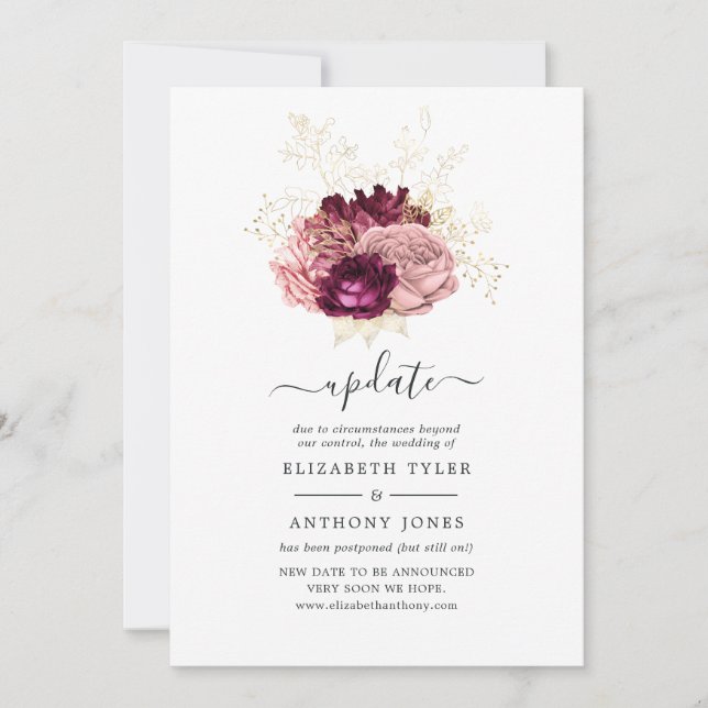 Burgundy, Blush Pink and Gold Wedding Update Invitation (Front)