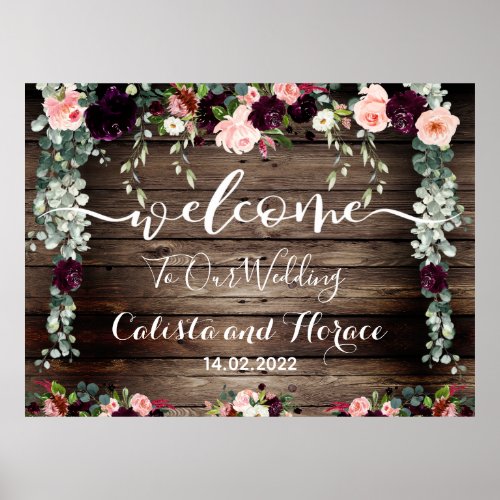 Burgundy Blush Pink Barn Board Wedding Welcome Poster