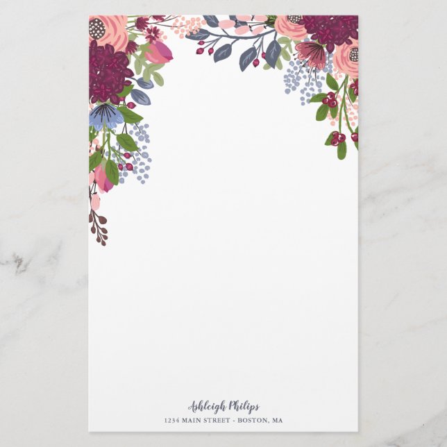 Burgundy Blush Pink Blue Flowers Stationery (Front)