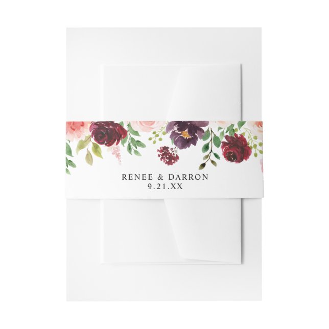 Burgundy & Blush Pink Blush 4A Floral   Invitation Belly Band (Front Example)