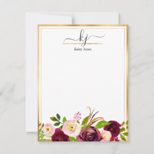 Burgundy Blush Pink Botanical Floral Monogram Note Card