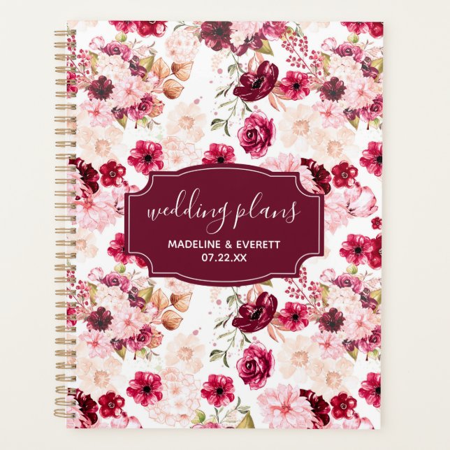 Burgundy & Blush Pink Chic Floral Wedding Plans Planner (Front)