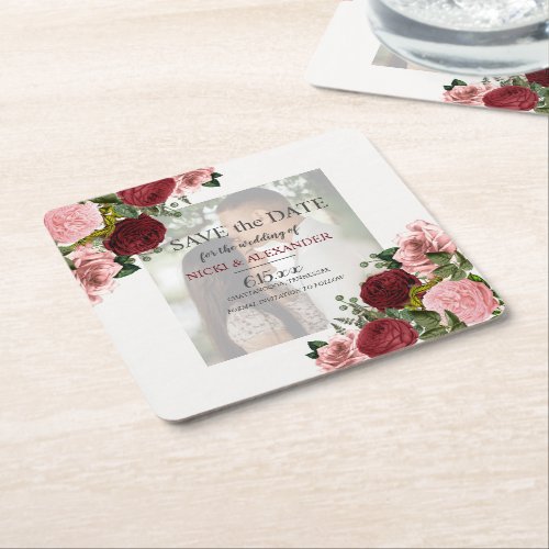 Burgundy Blush Pink Faded Photo Wedding Save Date  Square Paper Coaster