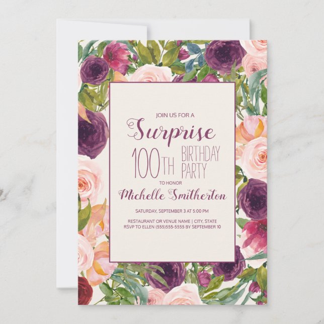 Burgundy Blush Pink Floral 100th Birthday  Invitation (Front)