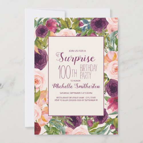 Burgundy Blush Pink Floral 100th Birthday  Invitation