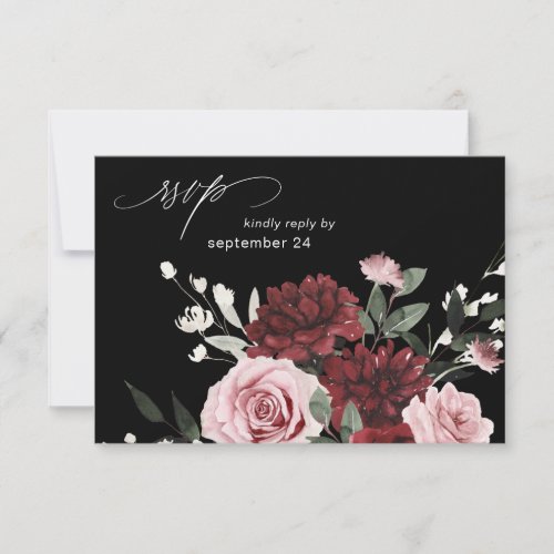 Burgundy  Blush Pink Floral 6 Blac Meal RSVP Card