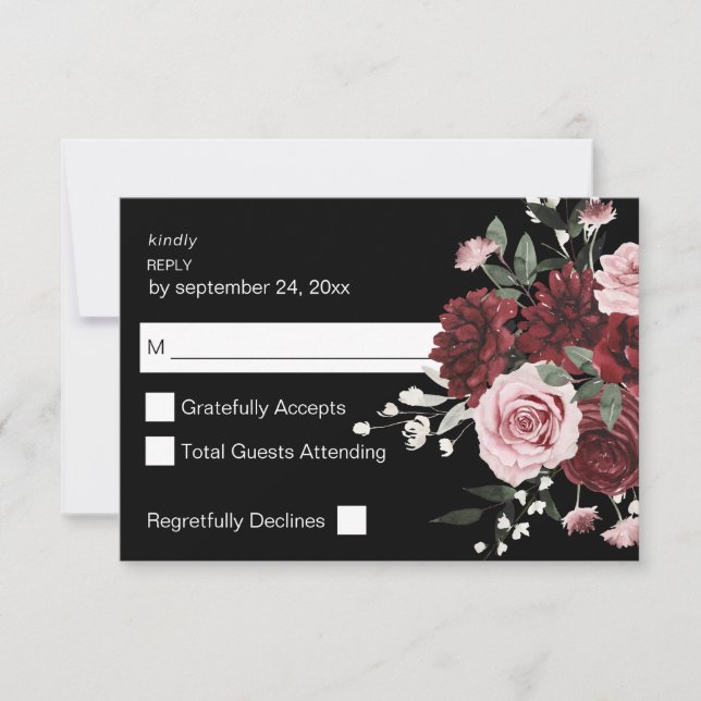 Burgundy & Blush Pink Floral 6 no Meal RSVP Black (Front)