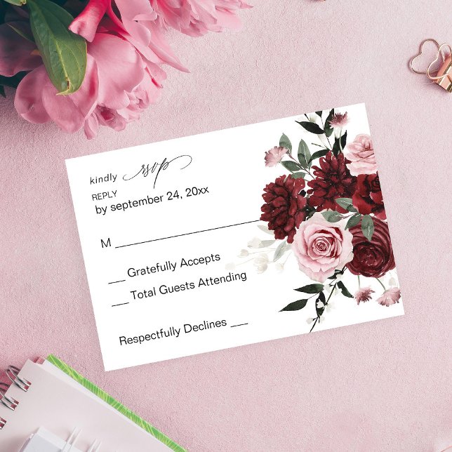 Burgundy & Blush Pink Floral 6 no Meal RSVP Card (Creator Uploaded)