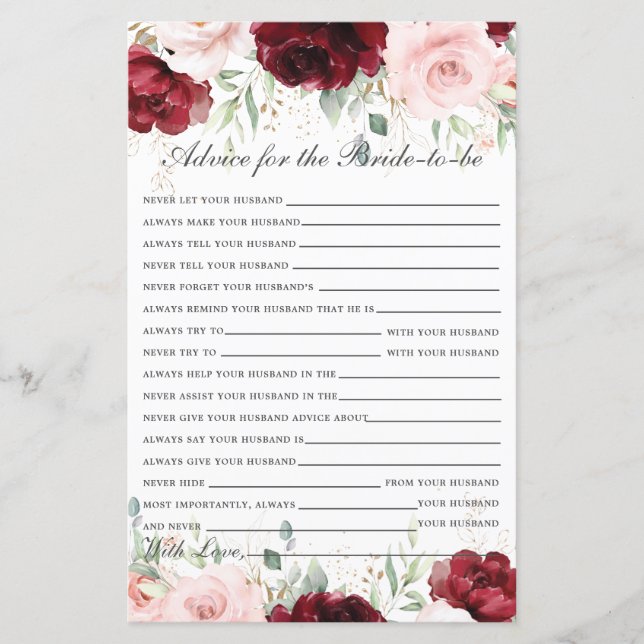 Burgundy Blush Pink Floral Advice for Bride to Be (Front)