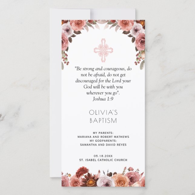 Burgundy Blush Pink Floral Baptism Bookmark Favor Thank You Card (Front)