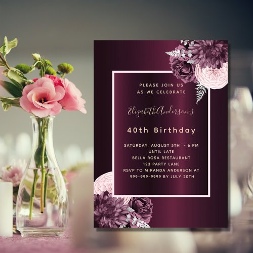 Burgundy blush pink floral birthday invitation