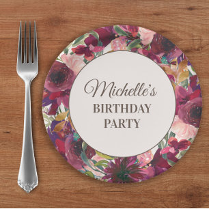 Burgundy Blush Pink Floral Birthday Party Paper Plates