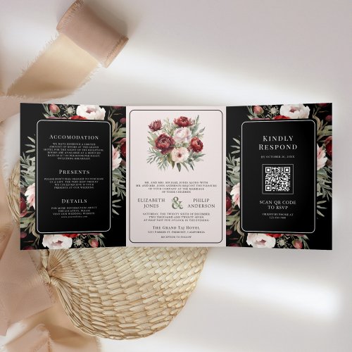 Burgundy Blush Pink Floral Black Moody Wedding Tri_Fold Invitation