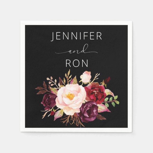 Burgundy & Blush Pink Floral - Black Napkins (Front)
