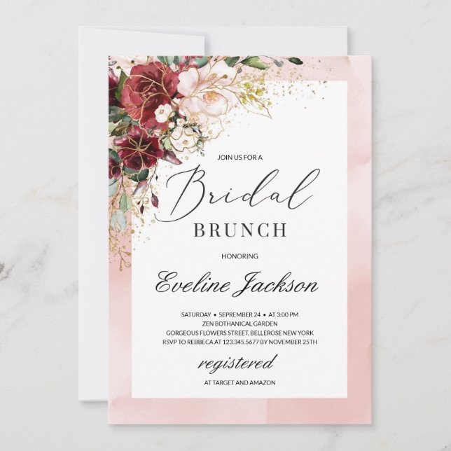 Burgundy Blush Pink Floral Bridal Brunch Invite (Front)