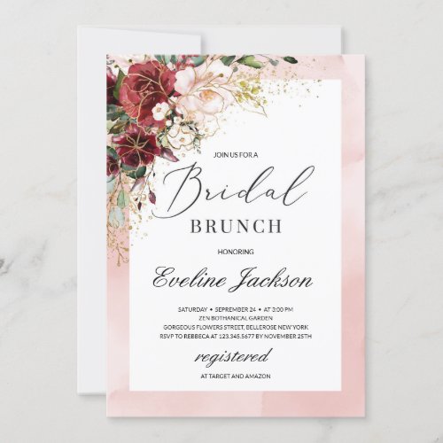 Burgundy Blush Pink Floral Bridal Brunch Invite