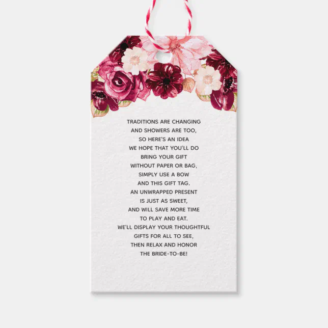 Burgundy & Blush Pink Floral Bridal Display Shower Gift Tags | Zazzle