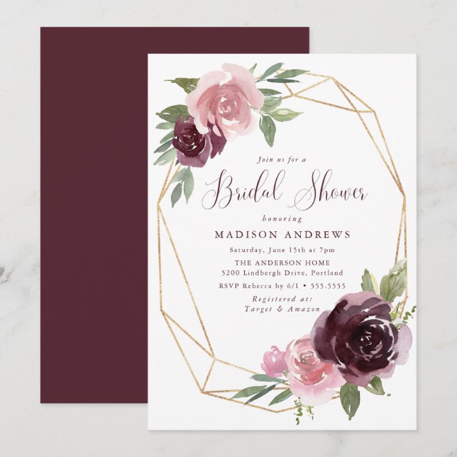 Burgundy & Blush Pink Floral | Bridal Shower Invitation (Front/Back)