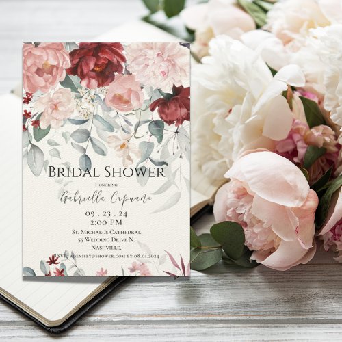 Burgundy Blush Pink Floral Bridal Shower Invitation