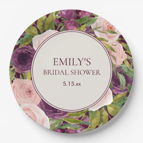 Burgundy Blush Pink Floral Bridal Shower Paper Plates