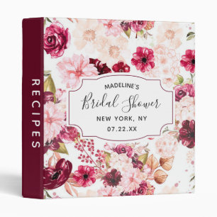 Burgundy & Blush Pink Floral Bridal Shower Recipe 3 Ring Binder