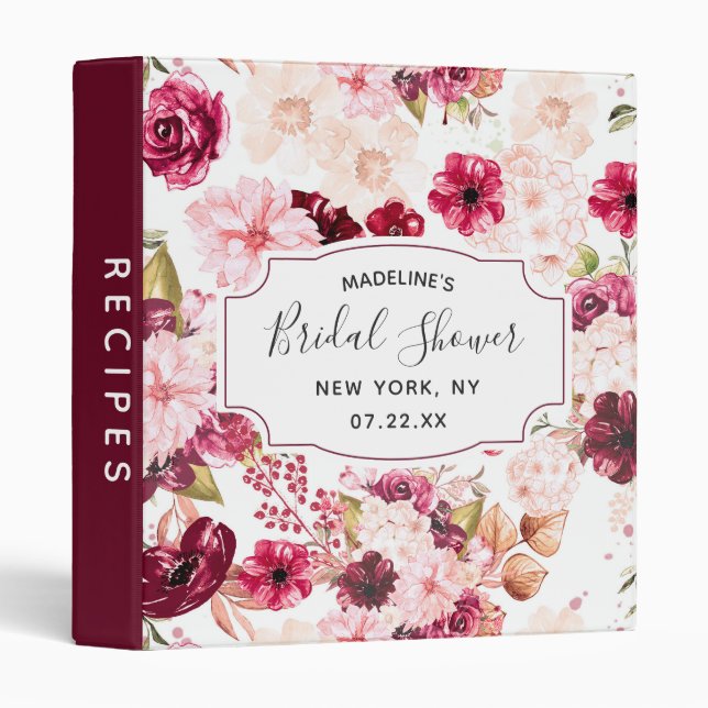 Burgundy & Blush Pink Floral Bridal Shower Recipe 3 Ring Binder (Front/Spine)