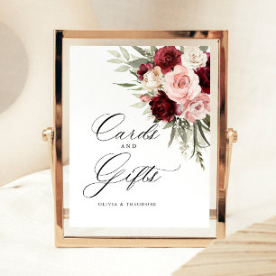 Burgundy Blush Pink Floral Cards & Gifts Wedding Pedestal Sign