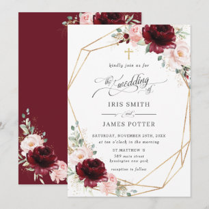 Burgundy Blush Pink Floral Church Wedding Invitation