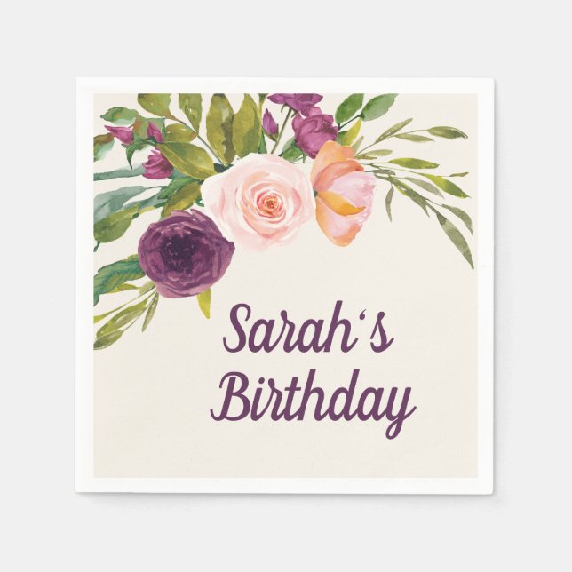 Burgundy Blush PInk Floral Custom Birthday Napkins (Front)