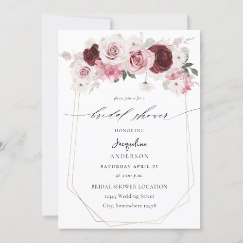 Burgundy  Blush Pink Floral Ele 6 Bridal Shower 3 Invitation