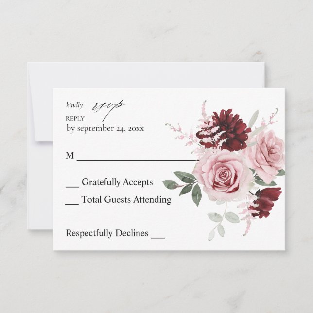 Burgundy & Blush Pink Floral Ele 6 no Meal RSVP (Front)
