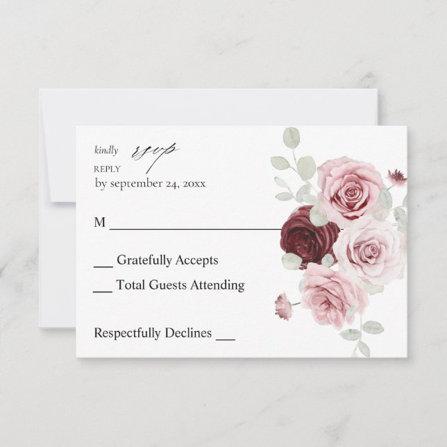 Burgundy & Blush Pink Floral Ele 6 no Meal RSVP 2 Card (Front)
