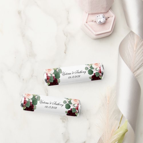 Burgundy Blush Pink Floral Elegant Script Wedding Breath Savers Mints