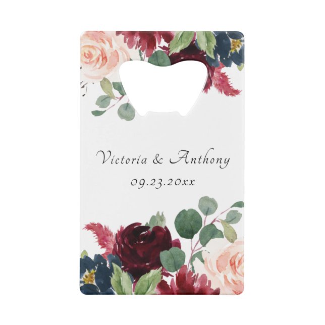 Burgundy Blush Pink Floral Elegant Script Wedding Credit Card Bottle Opener (Front)
