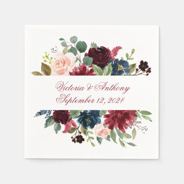 Burgundy Blush Pink Floral Elegant Script Wedding Napkins (Front)