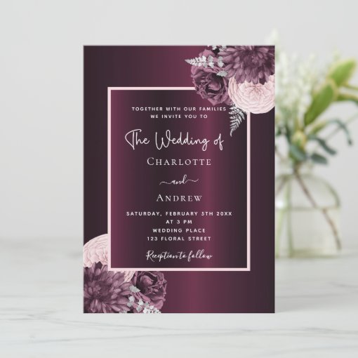 Burgundy Blush Pink Floral Elegant Wedding Invitation Zazzle