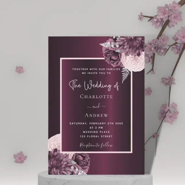 Burgundy Blush Pink Floral Elegant Wedding Invitation Zazzle