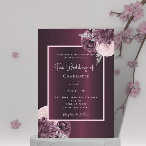 Burgundy blush pink floral elegant wedding invitation