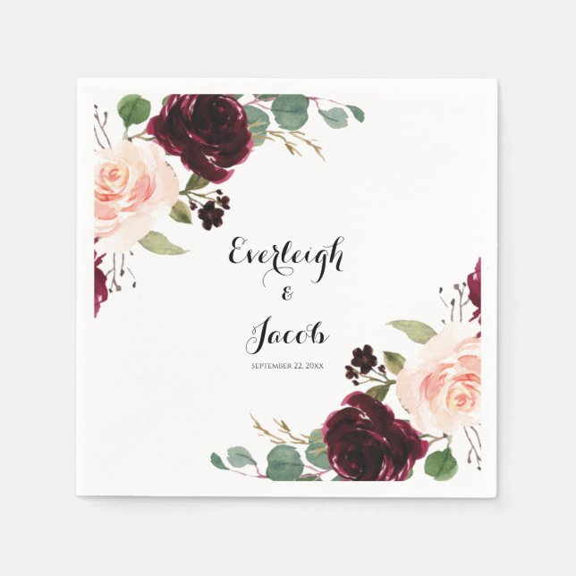 Burgundy Blush Pink Floral Eucalyptus Wedding Napkins (Front)