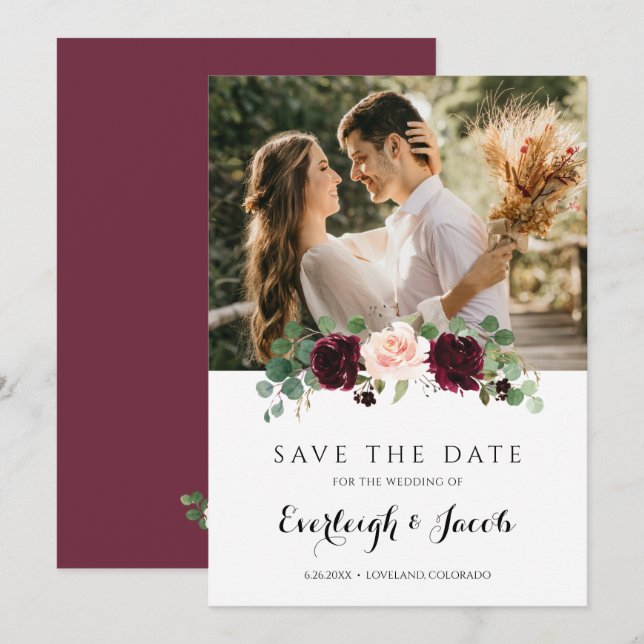 Burgundy Blush Pink Floral Eucalyptus Wedding Save The Date (Front/Back)