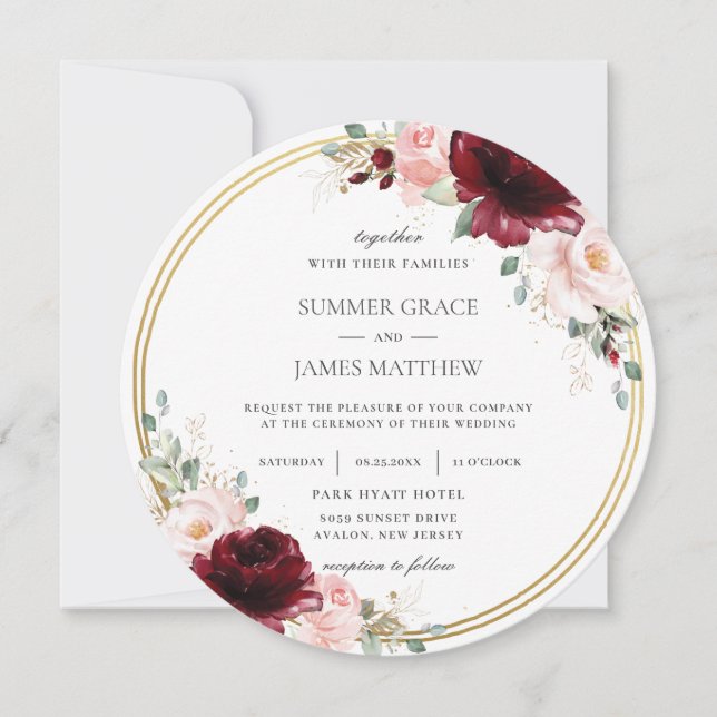 Burgundy Blush Pink Floral Gold Circle Wedding Invitation (Front)