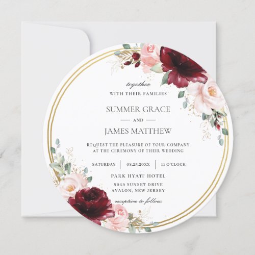 Burgundy Blush Pink Floral Gold Circle Wedding Invitation