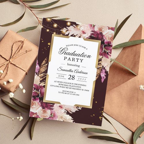 Burgundy Blush Pink Floral  Gold Frame  Lights Invitation